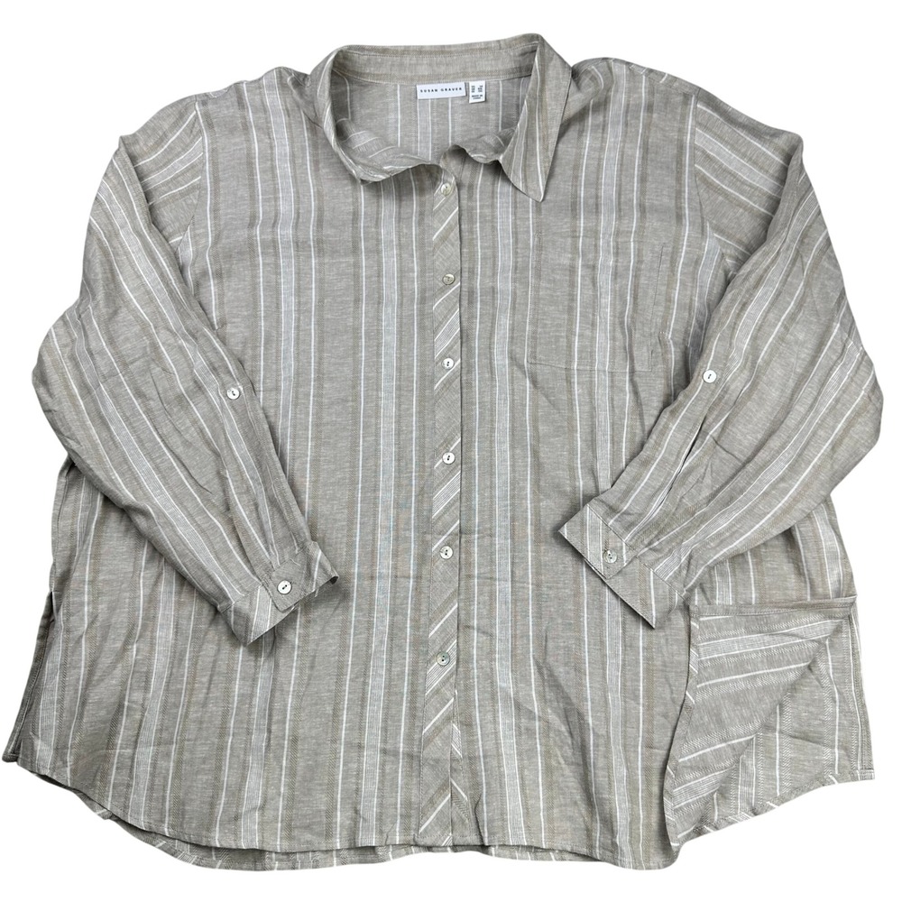 Susan Graver Button Up Blouse Top Sz 3X Tan White Stripe Coastal Linen Blend